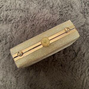 Gold Sparkle Clutch with Flower Top Detail & Strap Attachment ONE SIZE